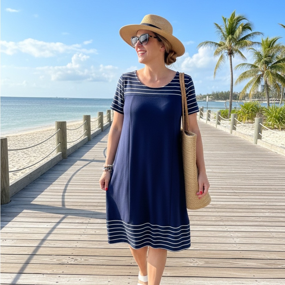 Denim & Co. Navy Nautical Striped A-Line Knit Dress - Size M
